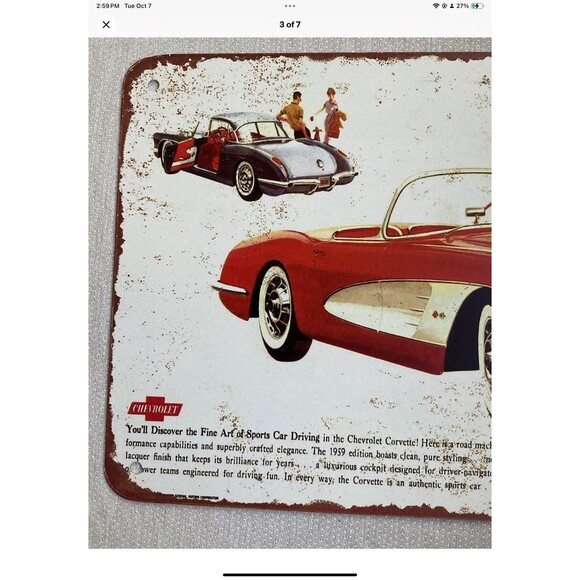 1959 Chevrolet CORVETTE 10” x 7” Purposefully Distressed Metal Sign Man Cave - Picture 3 of 7